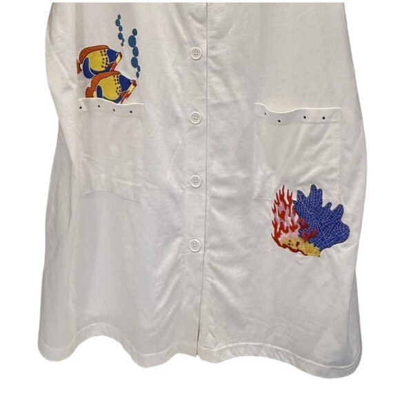 CZ Cover Ups Womens 5X White Button Cover-Up Fish Coral Embroidery Beach Pool - Picture 3 of 8